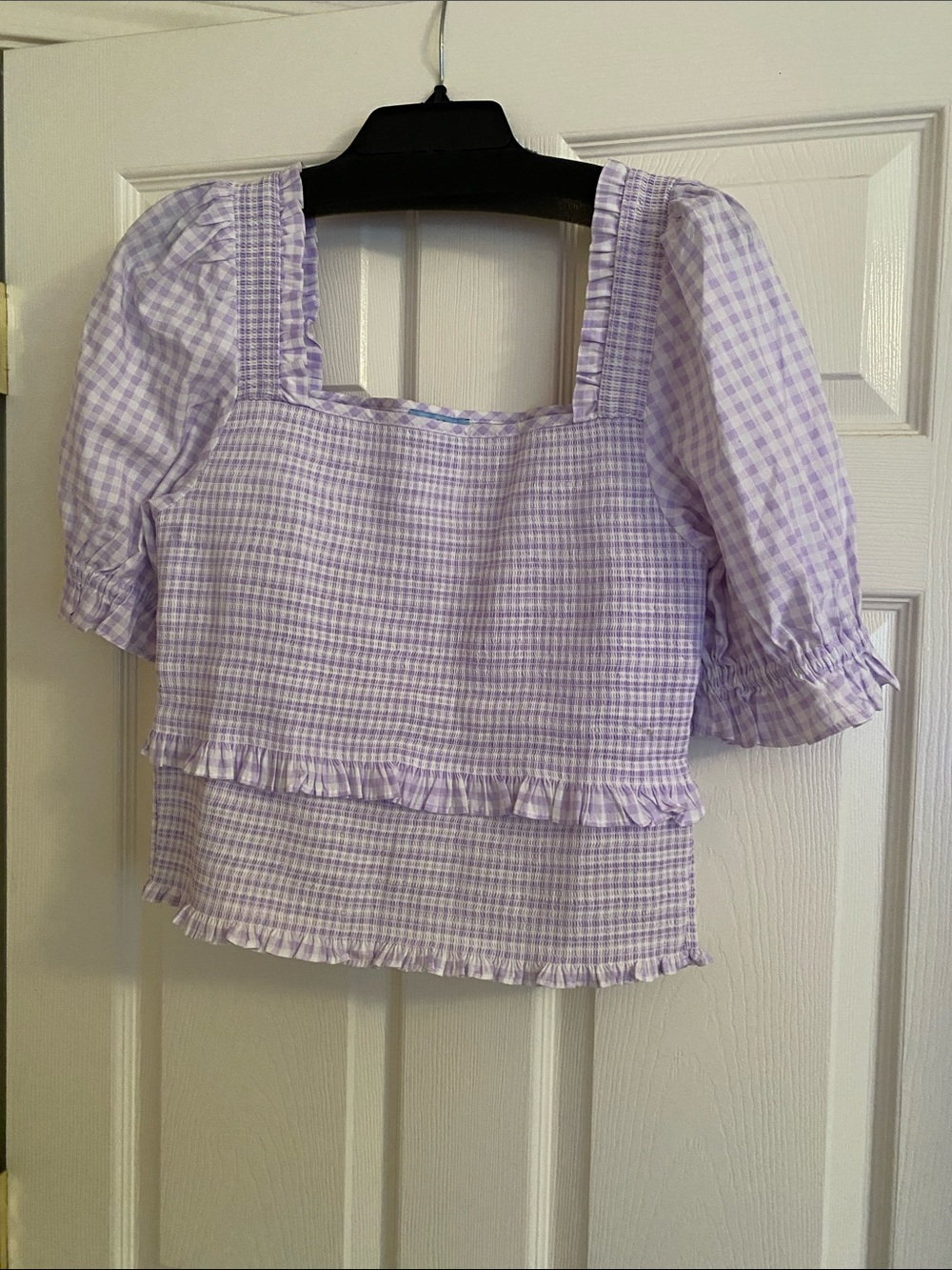 CeCe Lilac Gingham Square-Neck Puff Sleeve Blouse